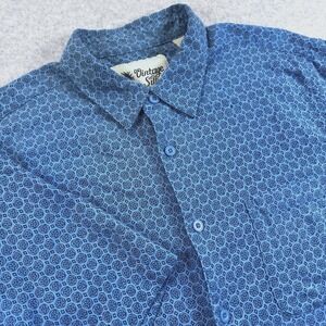 Vintage Silk Men's XL Blue Geometric  Short Sleeve Button Up Shirt 100% Silk